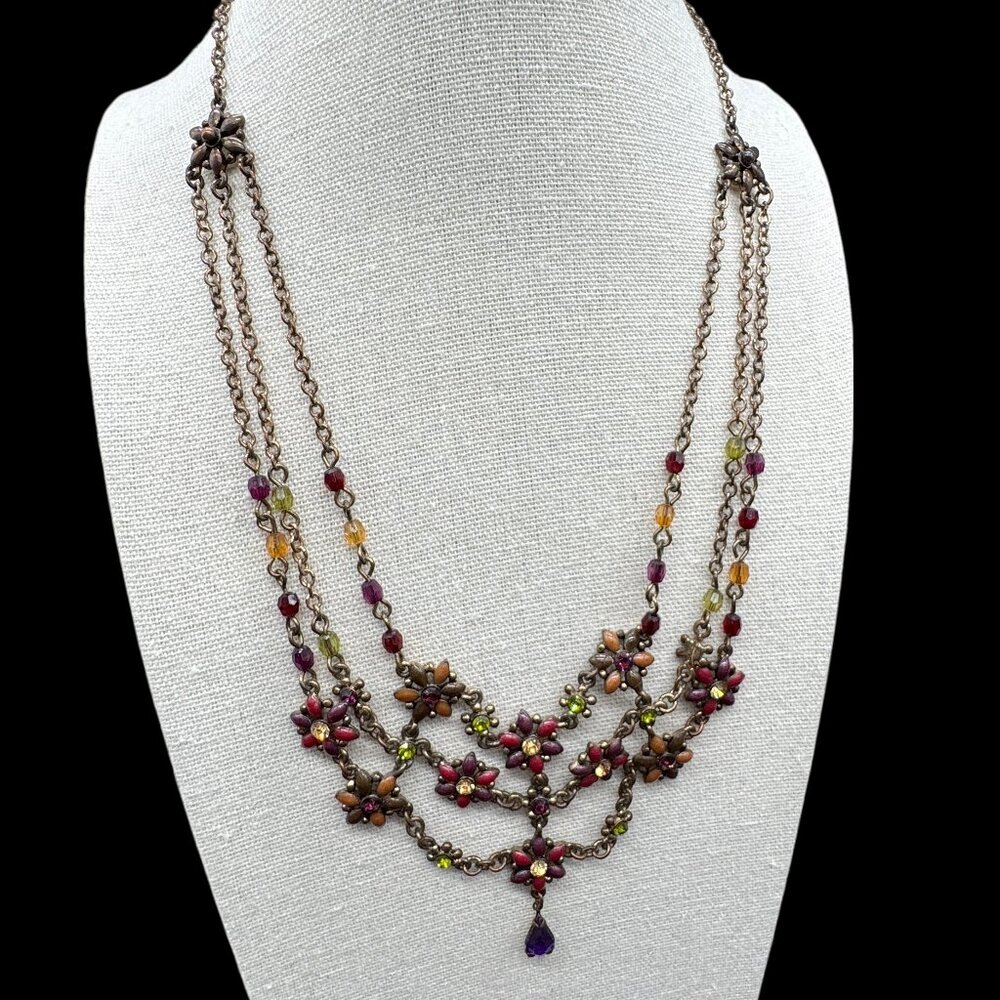 Statement Necklace Bronze Colour Chain Multicolour Beads Accents Floral Motif